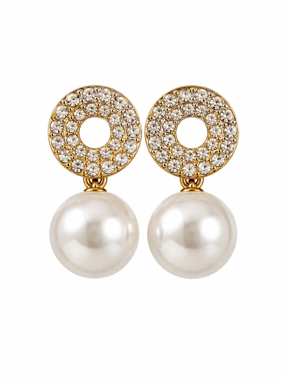 Gold Crystal Halo Pearl Drop Earrings